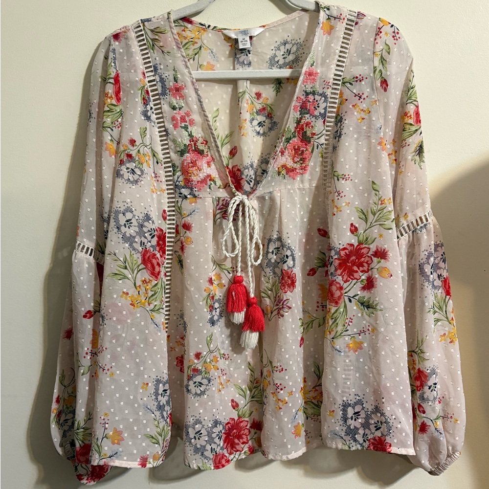 Time and Tru Women’s Medium bohemian-style floral cardigan sheer tassel tie